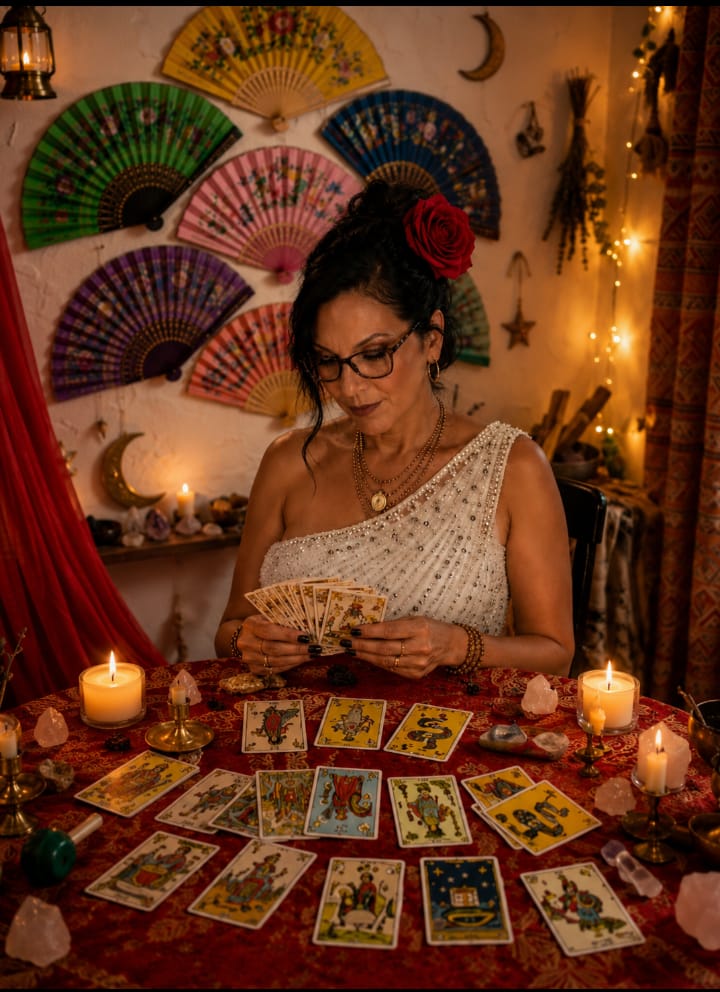 Vivian lendo o Baralho Cigano na mesa do seu espaço na Mooca, com velas, cristais e a cortina vermelha ao fundo